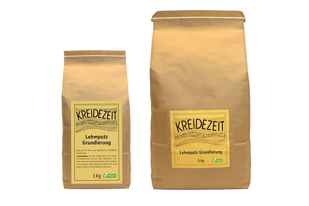 Zwei Papiersäcke Kreidezeit Lehmputz Grundierung, 1 kg und 5 kg